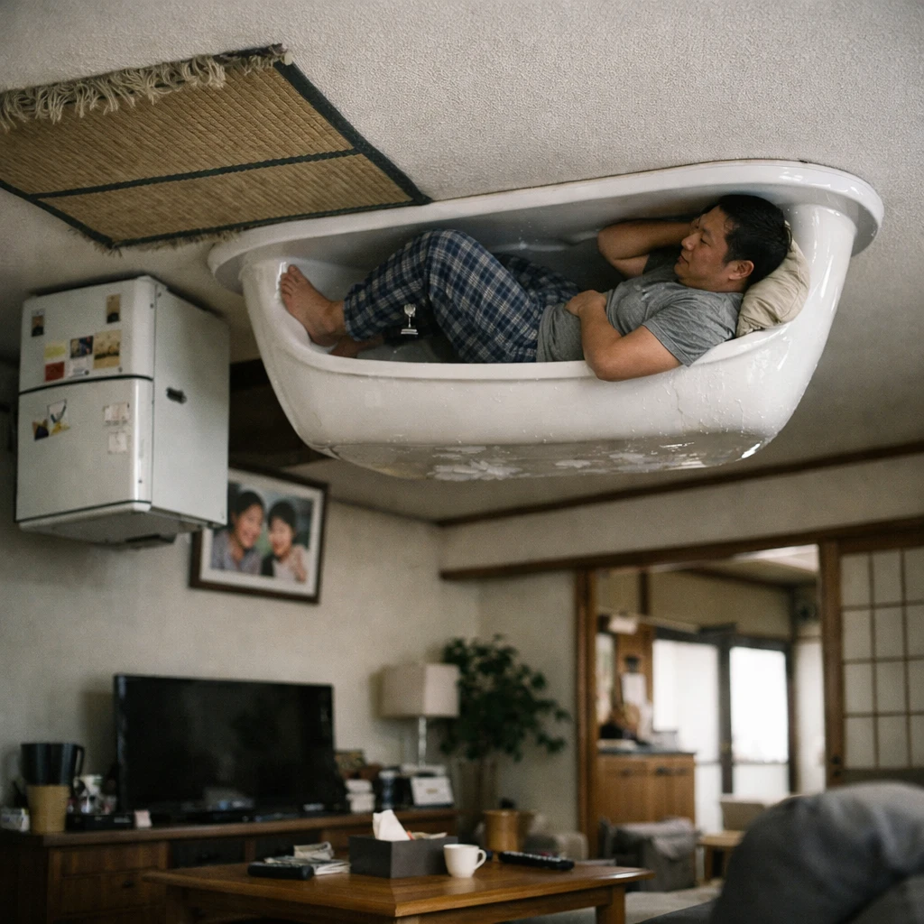 モダンな日本のリビング天井に浴槽と日用品が吸い付くように貼りつく様子。