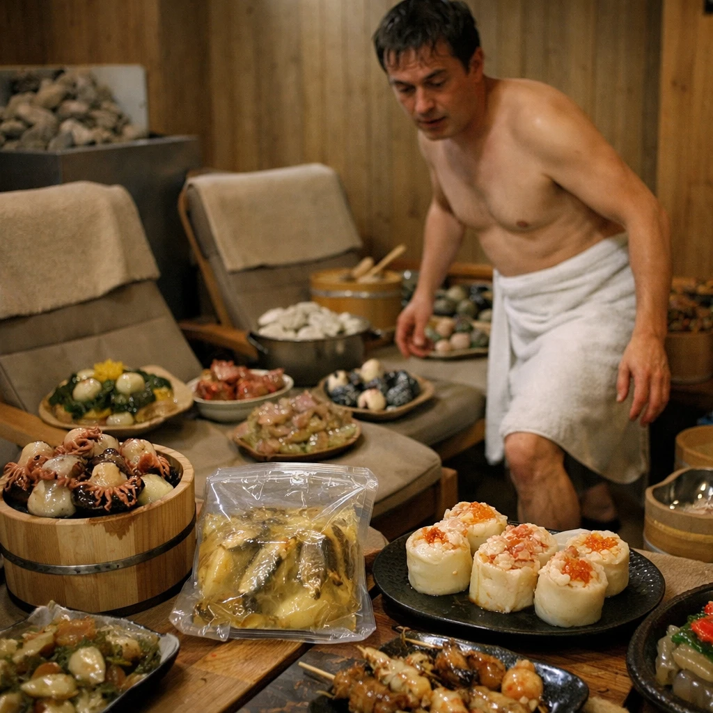 貸切サウナ室内に奇妙な料理が散乱し、困惑しながら歩く男性がいる写真。