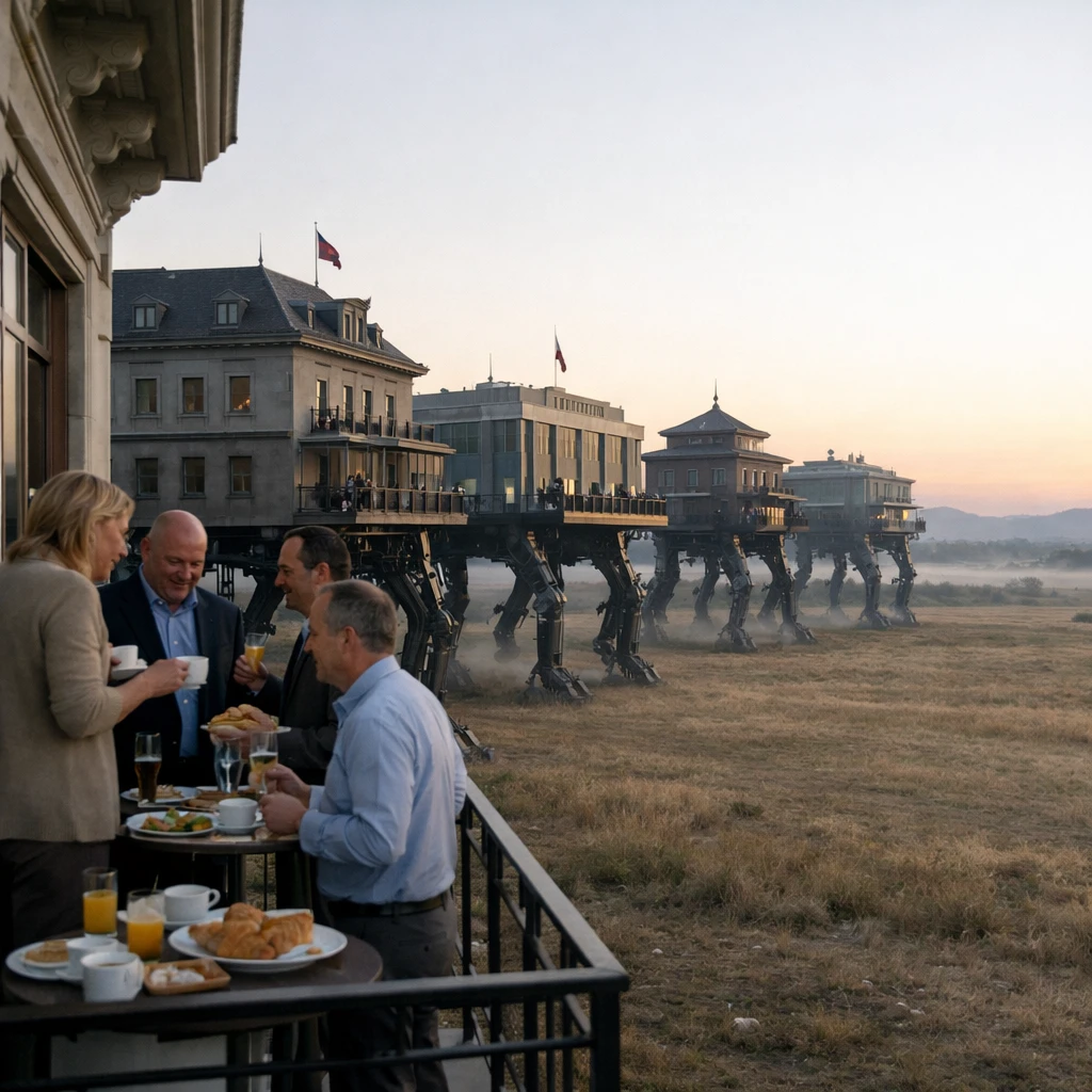 広大な平原を歩く大使館建物の列と、そのバルコニーで朝食を配る人々の様子。