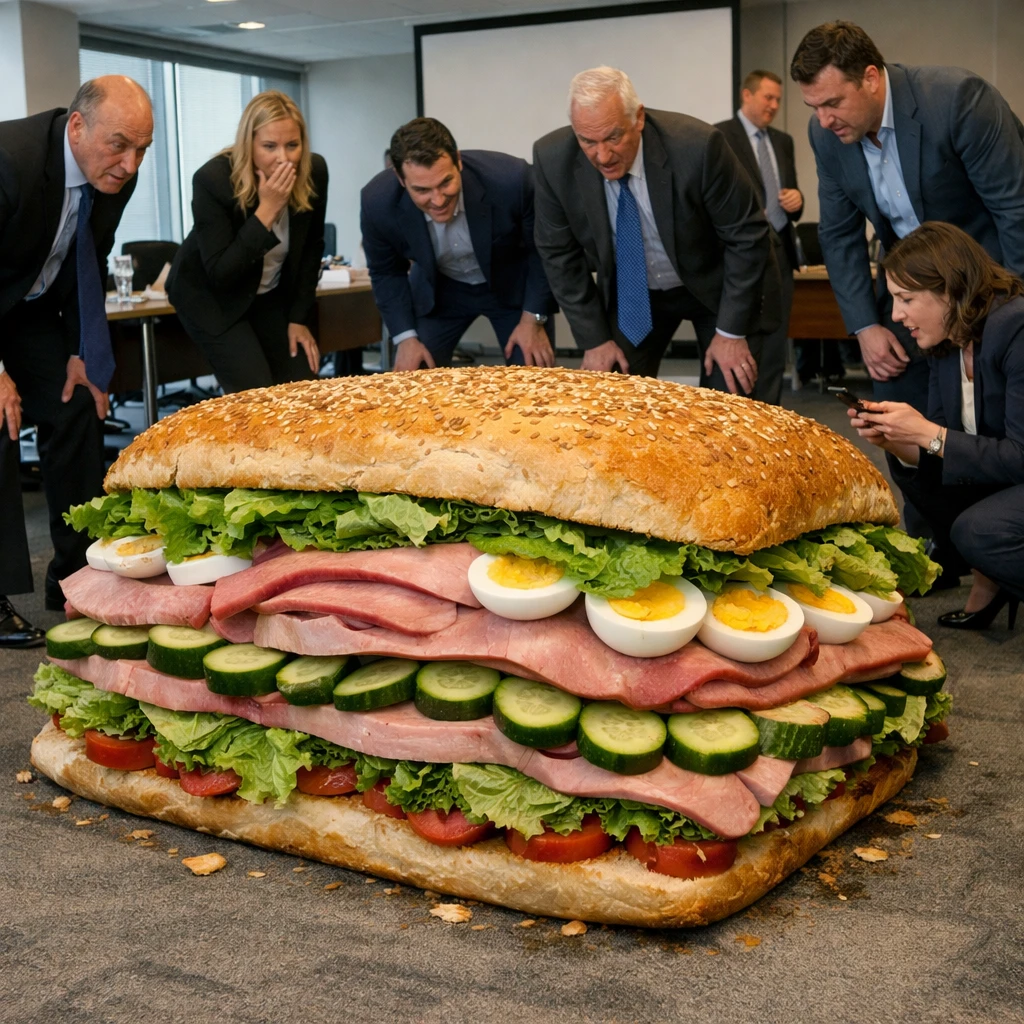 巨大なサンドイッチが会議室の床を覆い、スーツ姿のビジネスパーソンたちがその周りに集まって驚きながら様子を見ている写真。