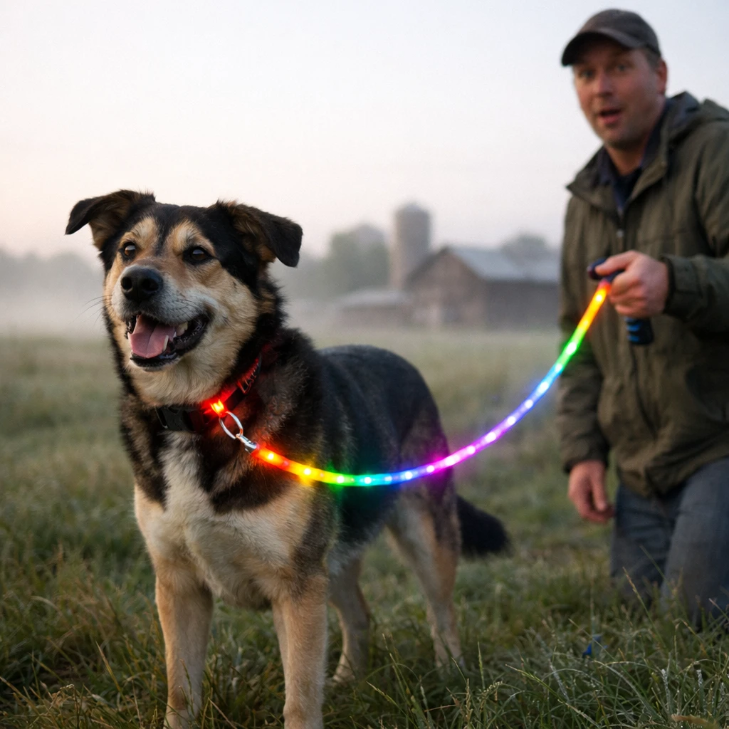 牧場の草地で虹色に光るリードをつけたミックス犬と驚いた表情の飼い主が立っている様子。