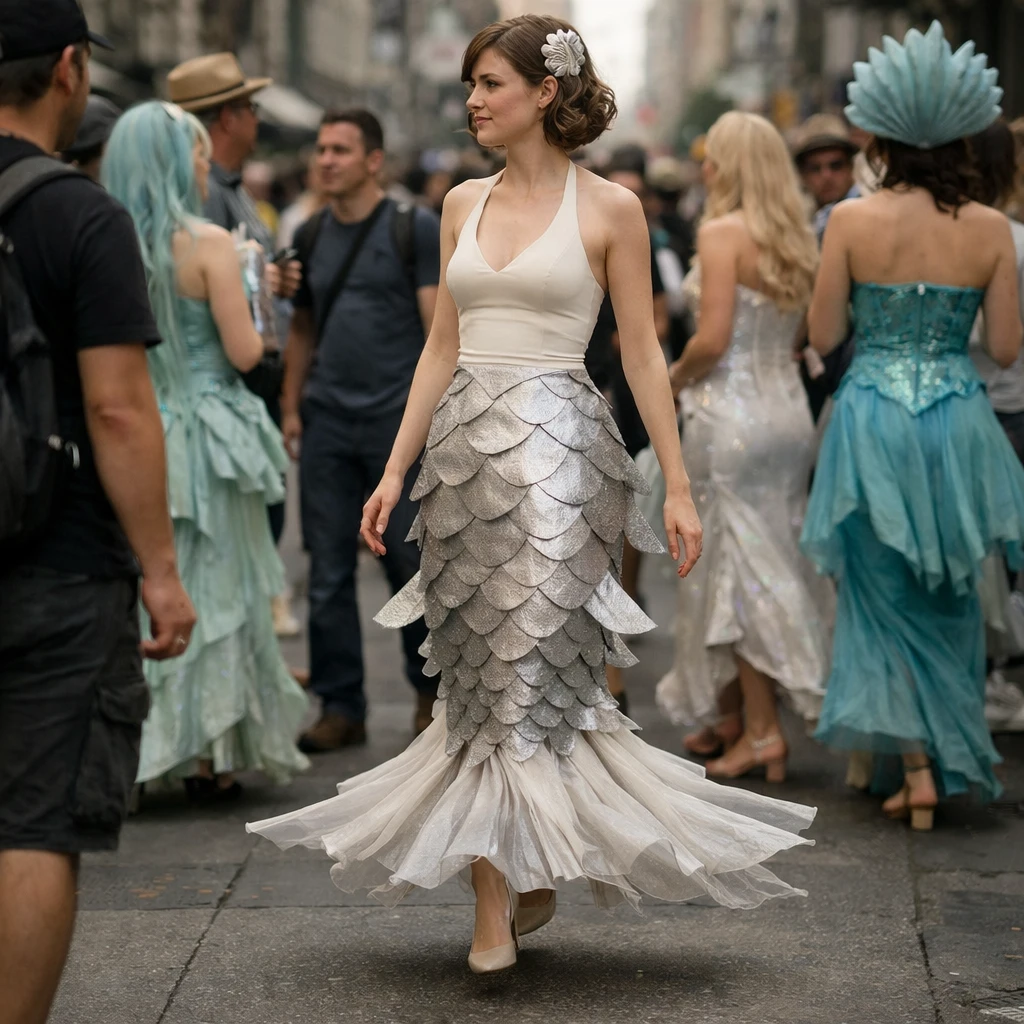 街中で空中にふわりと浮かぶ魚の形をしたスカートを着た若い女性と、その周囲に集まる人々の写真。