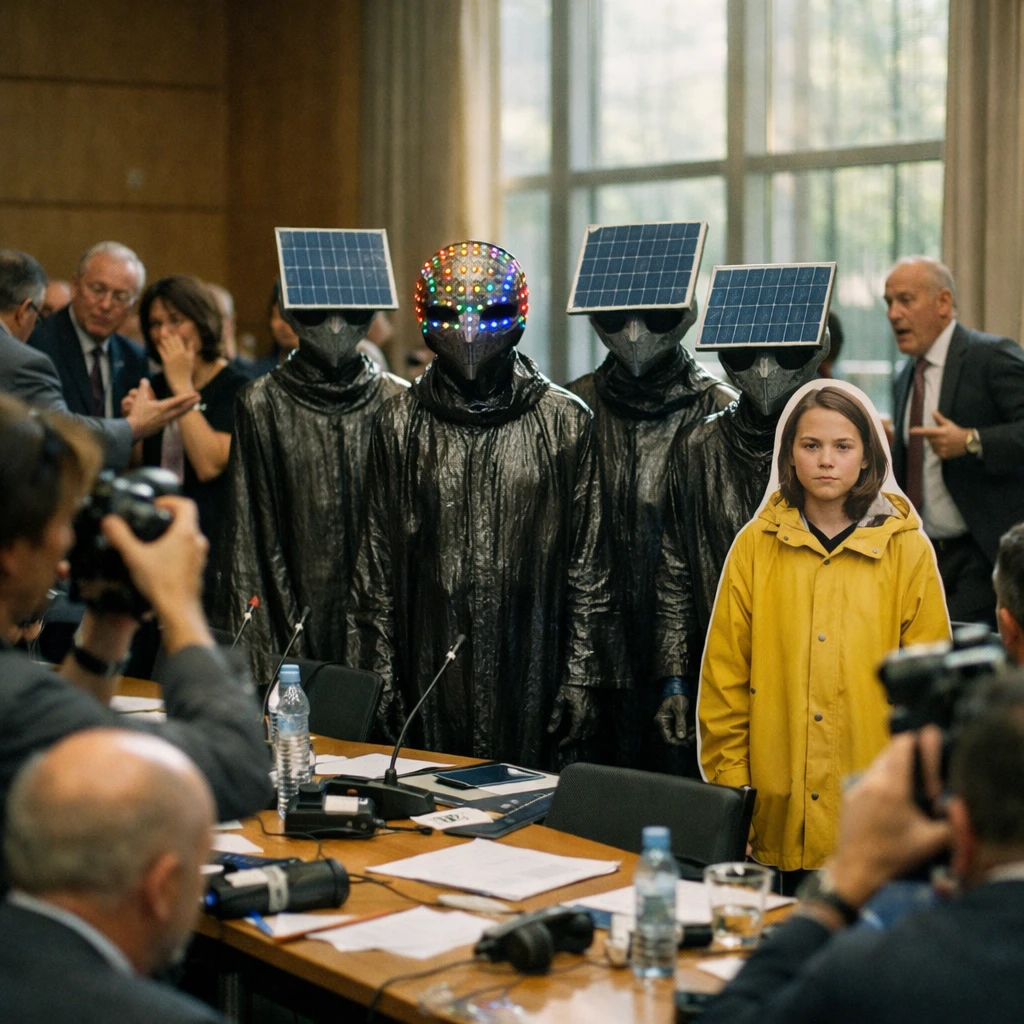 国際会議室でソーラーパネルの頭部を持つエコ星人がグレタ・トゥーンベリの等身大パネルの横に立ち、困惑する記者や関係者に囲まれている様子の写真。